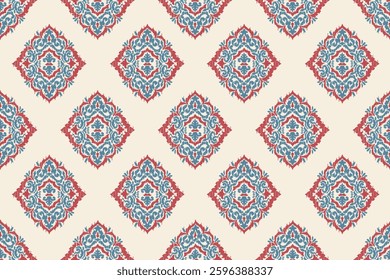 Carpet ikat floral pattern,fabric pattern on navy blue background vector illustration.Ikat ethnic oriental embroidery.Aztec style,abstract background.design for texture,clothing,decoration,carpet,rug.