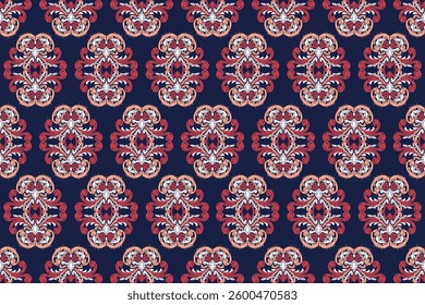 Carpet ikat floral pattern,fabric pattern on navy blue background vector illustration.Ikat ethnic oriental embroidery.Aztec style,abstract background.design for texture,clothing,decoration,carpet,rug.