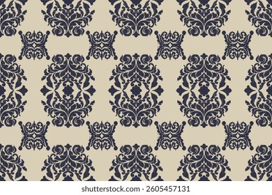 Carpet ikat floral pattern,fabric pattern on navy blue background vector illustration.Ikat ethnic oriental embroidery.Aztec style,abstract background.design for texture,clothing,decoration,carpet,rug.