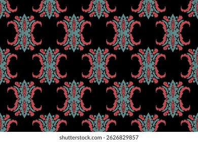 Carpet ikat floral pattern,fabric pattern on navy blue background vector illustration.Ikat ethnic oriental embroidery.Aztec style,abstract background.design for texture,clothing,decoration,carpet,rug.
