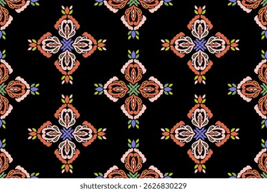 Carpet ikat floral pattern,fabric pattern on navy blue background vector illustration.Ikat ethnic oriental embroidery.Aztec style,abstract background.design for texture,clothing,decoration,carpet,rug.