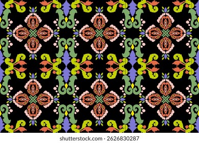 Carpet ikat floral pattern,fabric pattern on navy blue background vector illustration.Ikat ethnic oriental embroidery.Aztec style,abstract background.design for texture,clothing,decoration,carpet,rug.