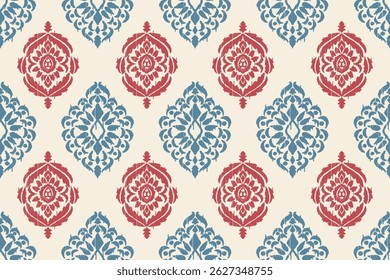 Carpet ikat floral pattern,fabric pattern on navy blue background vector illustration.Ikat ethnic oriental embroidery.Aztec style,abstract background.design for texture,clothing,decoration,carpet,rug.