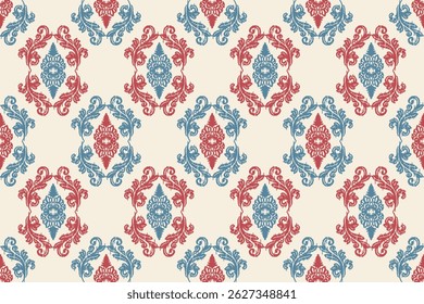 Carpet ikat floral pattern,fabric pattern on navy blue background vector illustration.Ikat ethnic oriental embroidery.Aztec style,abstract background.design for texture,clothing,decoration,carpet,rug.