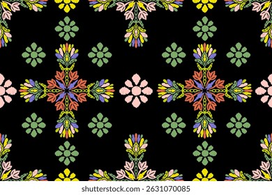 Carpet ikat floral pattern,fabric pattern on navy blue background vector illustration.Ikat ethnic oriental embroidery.Aztec style,abstract background.design for texture,clothing,decoration,carpet,rug.