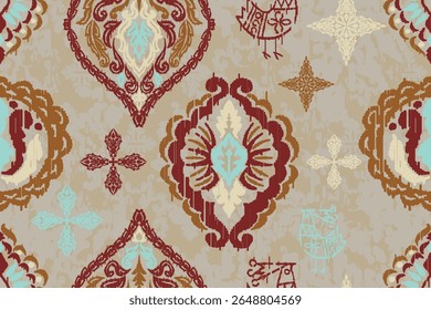 Padrão floral de ikat de tapete,padrão de tecido no azul marinho vetor de fundo ilustration.Ikat étnico estilo oriental boroidery.Aztec,fundo abstrato.design para textura,roupas,decoração,tapete,tapete.