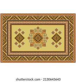 Carpet in light shades with a patterned border around the edges and a light yellowish center, with a pattern of swirls and rhombuses in shades
of brown, pink and gray on a white background
