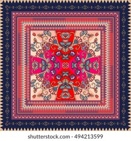 Carpet, lovely tablecloth with cute birds, hearts, flowers and ornamental border. Beautiful ethnic vector pattern. Card, bandana print, kerchief design, napkin. Valentine's day.