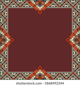 Carpet, napkin, wrapping template or shawl with an unusual ornamental frame and an empty brown center.