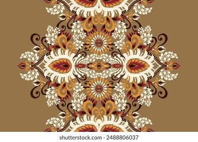 Carpet pattern.Ikat floral design pattern on brown background vector illustration.Ikat ethnic oriental embroidery.Aztec style,abstract.design for texture,fabric,clothing,wrapping,decoration,print,rug.