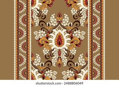 Teppichmuster.Ikat Blumenmuster auf braunem Hintergrund Vektorillustration.Ikat ethnisch orientalische Stickerei.Aztec Stil,abstrakt.Design für Textur, Stoff,Bekleidung,Verpackung,Dekoration,Druck,Teppich.