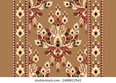 Patrón de la alfombra. Patrón de diseño floral Ikat sobre fondo marrón Ilustración vectorial. Ikat bordado étnico oriental. Estilo azteca, abstracto. Diseño para textura, tela, ropa, envoltura, decoración, impresión, alfombra.