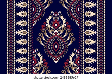 Carpet pattern.Ikat floral design pattern on navy blue background vector illustration.Ikat ethnic oriental embroidery.Aztec style,abstract.design for texture,fabric,clothing,wrapping,decoration,print.