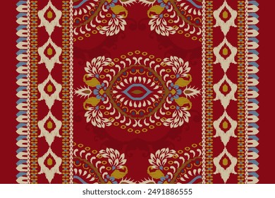 Carpet pattern.Ikat floral design pattern on red background vector illustration.Ikat ethnic oriental embroidery.Aztec style,abstract.design for texture,fabric,clothing,wrapping,decoration,print,rug.