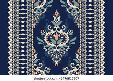 Carpet pattern.Ikat floral design pattern on navy blue background vector illustration.Ikat ethnic oriental embroidery traditional.Ikat Aztec style.design for texture,fabric,clothing,wrapping,print,rug