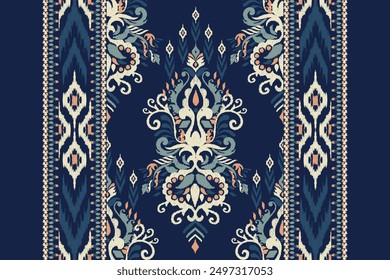 Carpet pattern.Ikat floral design pattern on navy blue background vector illustration.Ikat ethnic oriental embroidery traditional.Ikat Aztec style.design for texture,fabric,clothing,wrapping,print.