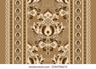 Carpet pattern.Ikat floral design pattern on brown background vector illustration.Ikat ethnic oriental embroidery.Aztec style,abstract.design for texture,fabric,clothing,wrapping,decoration,print,rug.