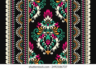 Patrón de la alfombra, patrón floral de Ikat sobre fondo azul Ilustración vectorial.Ikat bordado étnico oriental.Estilo azteca, fondo abstracto.design para textura, tela, ropa, decoración, alfombra, impresión.