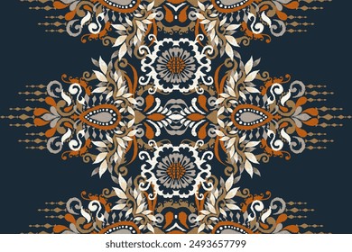 Carpet pattern,Ikat floral pattern on navy blue background vector illustration.Ikat ethnic oriental embroidery.Aztec style,abstract background.design for texture,fabric,clothing,decoration,carpet,rug.