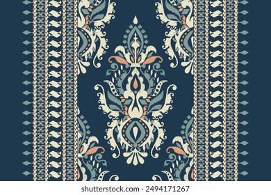 Carpet pattern,Ikat floral pattern on navy blue background vector illustration.Ikat ethnic oriental embroidery.Aztec style,abstract background.design for texture,fabric,clothing,decoration,carpet,rug.