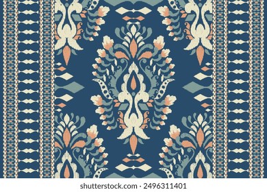 Carpet pattern,Ikat floral pattern on navy blue background vector illustration.Ikat ethnic oriental embroidery.Aztec style,abstract background.design for texture,fabric,clothing,decoration,carpet,rug