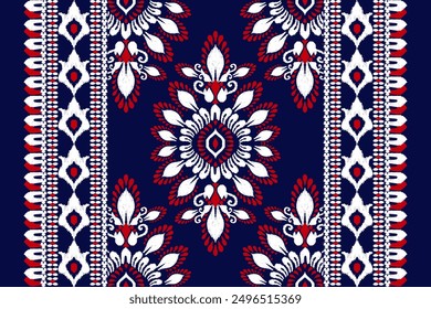 Carpet pattern,Ikat floral pattern on navy blue background vector illustration.Ikat ethnic oriental embroidery.Aztec style,abstract background.design for texture,fabric,clothing,decoration,carpet,rug.