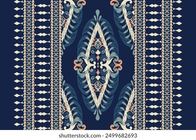 Carpet pattern,Ikat floral pattern on navy blue background vector illustration.Ikat ethnic oriental embroidery.Aztec style,abstract background.design for texture,fabric,clothing,decoration,carpet,rug.