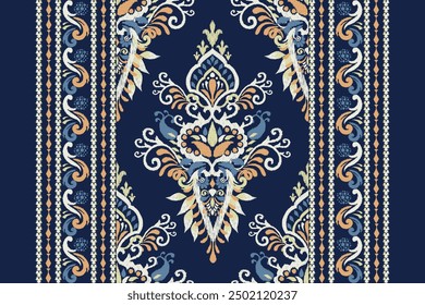 Patrón de alfombra, patrón floral Ikat sobre fondo azul marino Ilustración vectorial. Bordado oriental étnico Ikat. Estilo azteca, fondo abstracto. diseño para textura, tela, ropa, decoración, alfombra, alfombra.