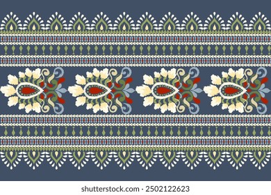 Carpet pattern,Ikat floral pattern on blue background vector illustration.Ikat ethnic oriental embroidery.Aztec style,abstract background.design for texture,fabric,clothing,decoration,carpet,rug,print