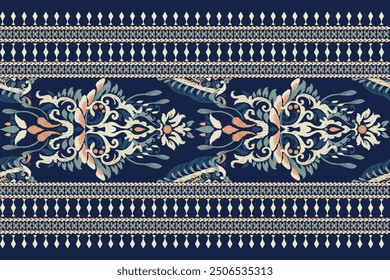 Carpet pattern,Ikat floral pattern on navy blue background vector illustration.Ikat ethnic oriental embroidery.Aztec style,abstract background.design for texture,fabric,clothing,decoration,carpet,rug.