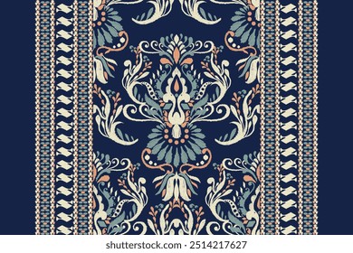 Carpet pattern,Ikat floral pattern on navy blue background vector illustration.Ikat ethnic oriental embroidery.Aztec style,abstract background.design for texture,fabric,clothing,decoration,carpet,rug.