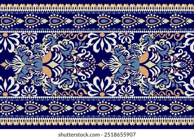 Padrão de tapete,Padrão floral de Ikat sobre azul marinho vetor de fundo ilustration.Ikat estilo étnico oriental boroidery.Aztec,abstrato background.design para textura,tecido,roupas,decoração,tapete,tapete.