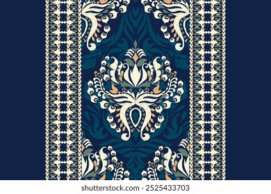 Carpet pattern,Ikat floral pattern on navy blue background vector illustration.Ikat ethnic oriental embroidery.Aztec style,abstract background.design for texture,fabric,clothing,decoration,carpet,rug