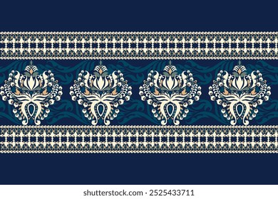 Carpet pattern,Ikat floral pattern on navy blue background vector illustration.Ikat ethnic oriental embroidery.Aztec style,abstract background.design for texture,fabric,clothing,decoration,carpet,rug.