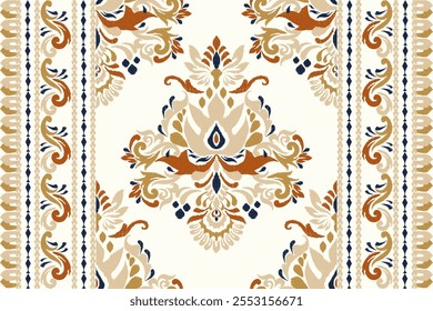 Carpet pattern,Ikat floral pattern on white background vector illustration.Ikat ethnic oriental embroidery.Aztec style,abstract background.design for texture,fabric,clothing,decoration,carpet,rug.