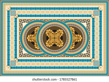 Carpet print from Fashionable Golden chains, jewelry, cables, ropes, blue belts and straps pattern on a beige background.Batik, Baroque ornament, meander border.15 pattern brushes in the brush palette