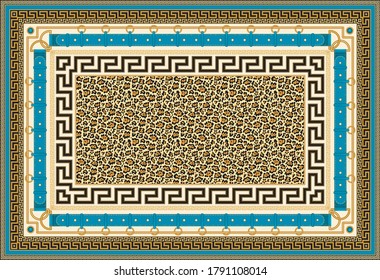 Carpet print from Fashionable leopard skin pattern, Greek meander borders, Baroque cables, ropes, blue belts and straps pattern on a beige background.8 pattern brushes in the brush palette