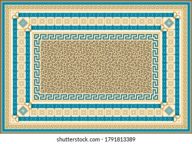 Carpet print from Fashionable leopard skin pattern, Golden chains, meander borders, Baroque cables, ropes, blue belts and straps pattern on a beige background.15 pattern brushes in the brush palette