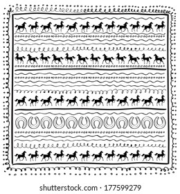 Carpet print with horseshoes and horse. Vector illustration.