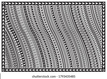 Carpet print from Maori ethnic geometrical pattern, black and white ornate stripes. Wallpaper, rug, tapis, mat, chintz towel print, Batik paint, tribal border. 28 pattern brushes in the brush palette 