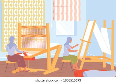 Carpet production process with women working at weaving looms flat vector illustration