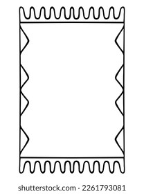 The carpet is rectangular. Sketch. Floor covering with zigzag pattern. Fringed floor mat. Vector illustration. Rug in doodle style. Outline on isolated background. Coating for creating a cozy interior