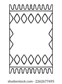 The carpet is rectangular. Sketch. Floor covering with diamond pattern. Fringed floor mat. Vector illustration. Rug in doodle style. Outline on isolated background. Coating for creating