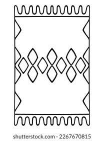 The carpet is rectangular. View from above. Sketch. Fringed floor covering. Floor mat with diamond pattern. Vector illustration. Rug in doodle style. Coloring book. Outline on isolated background. 