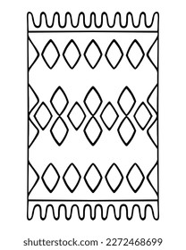 The carpet is rectangular. View from above. Sketch. Floor covering with diamond pattern. Fringed floor mat. Vector illustration. Rug in doodle style. Coloring book. Outline on isolated background. 