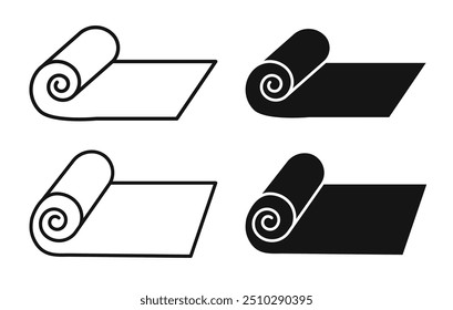 Carpet roll icon set. Foil paper or plastic wrap roll vector symbols. Fitness yoga mat signs and textile rug symbols in black filled and outlined style