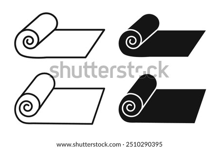 Carpet roll icon set. Foil paper or plastic wrap roll vector symbols. Fitness yoga mat signs and textile rug symbols in black filled and outlined style