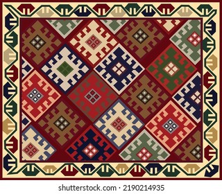 Carpet or rug in Turkish style- beautiful handmade textile product, element of the traditional home element in countries of Central Asian region. Uzbekistan culture. Turkish people. 