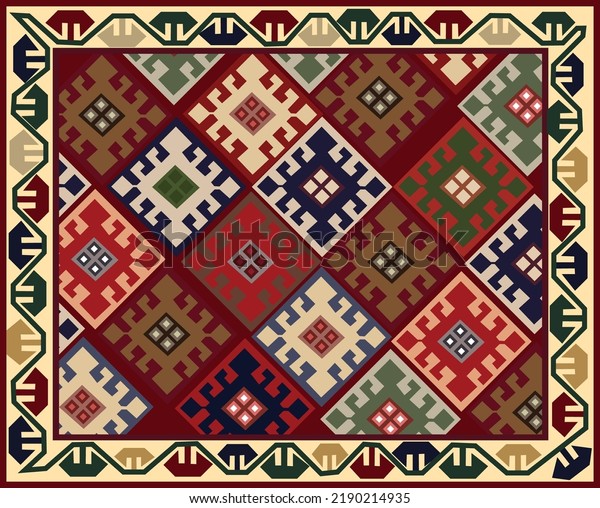 Carpet\
or rug in Turkish style- beautiful handmade textile product,\
element of the traditional home element in countries of Central\
Asian region. Uzbekistan culture. Turkish people.\
