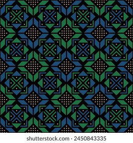 carpet sample. aztec motifs. vector seamless pattern. black repetitive background. blue green silver geometric shapes. fabric swatch. wrapping paper. design template for textile, home decor, linen